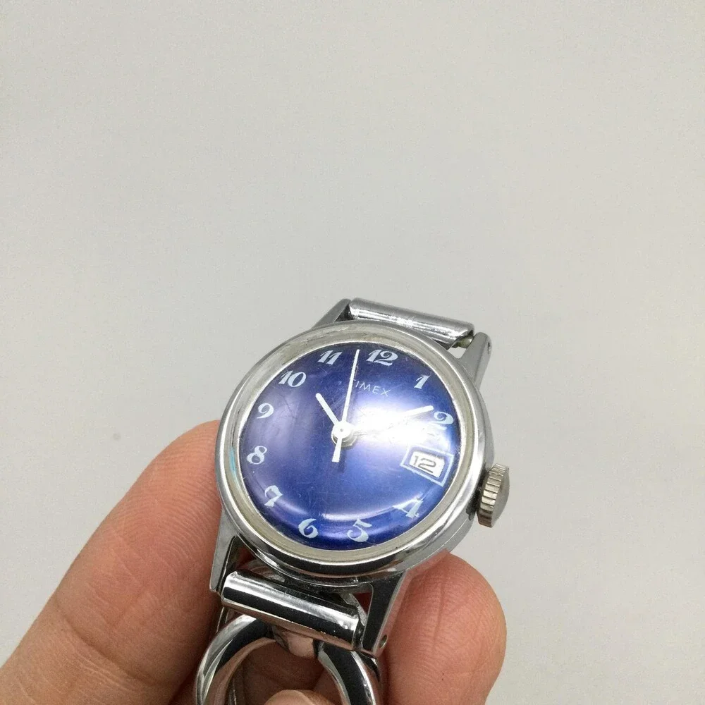 Vintage Timex Womens Watch 24mm Blue Dial Date Silver Tone Manual Wind 6.5